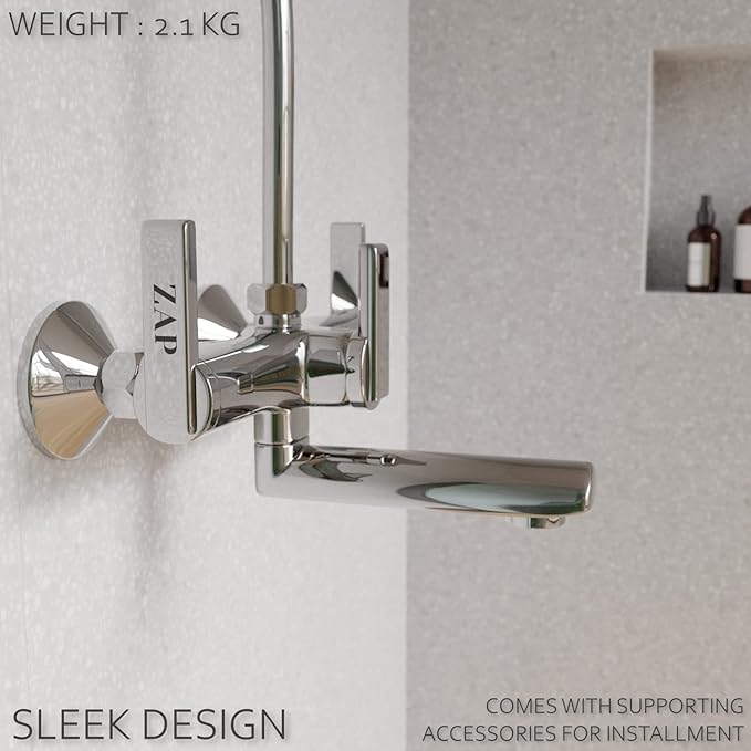 ZAP Ultra Cube Series High Grade 100% Brass 2-in-1 Wall Mixer with Overhead Shower Set and 125mm Long Bend Pipe | Hot/Cold Knobs with Chrome Finish and Faucet Cleaner