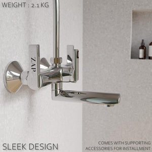 ZAP Ultra Cube Series High Grade 100% Brass 2-in-1 Wall Mixer with Overhead Shower Set and 125mm Long Bend Pipe | Hot/Cold Knobs with Chrome Finish and Faucet Cleaner