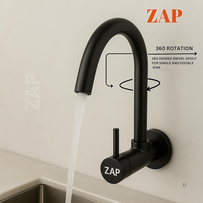 Black Brass Kitchen Wall Mounted Sink Tap with 360° Swivel Spout
