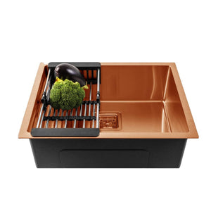 Zap Kitchen Sink Single Bowl 24x18 Inch | Rose Gold Finish | 304 Stainless Steel | Dual Water Aerator, Drainer Basket, Waste Pipe & Coupling | R Angle Corners | Smooth Drainage | Noise Reduction Pads