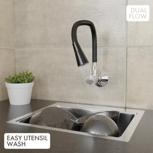 ZAP Wall Mounted Brass Kitchen Faucet – Dual Flow Sink Cock with 360° Swivel Spout | Chrome Finish with Black Accents | Easy Install Tap for Home Kitchen