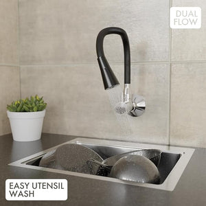 ZAP Elixir Brass Kitchen Sink Cock Faucet | Modern Black & Chrome Finish | 360° Flexible Swivel Spout | Wall Mounted Kitchen Tap | Heavy Duty Brass Body | Stylish Sink Mixer for Modular Kitchens | Single Flow