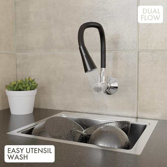ZAP Elixir Brass Kitchen Sink Cock Faucet | Modern Black & Chrome Finish | 360° Flexible Swivel Spout | Wall Mounted Kitchen Tap | Heavy Duty Brass Body | Dual Flow Stylish Sink Mixer for Modular Kitchens