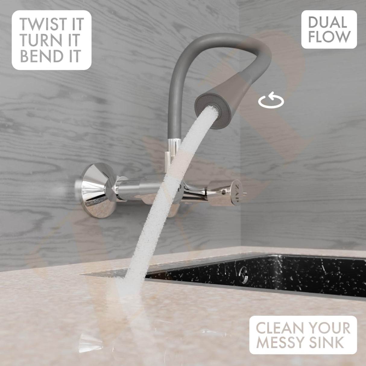 ZAP Elixir Series Sink Mixer – Brass Kitchen Faucet with 7-Inch Flexible Silicone Spout | Dual Flow Hot & Cold Water Tap | Counter Mount Sink Mixer for Modern Kitchens