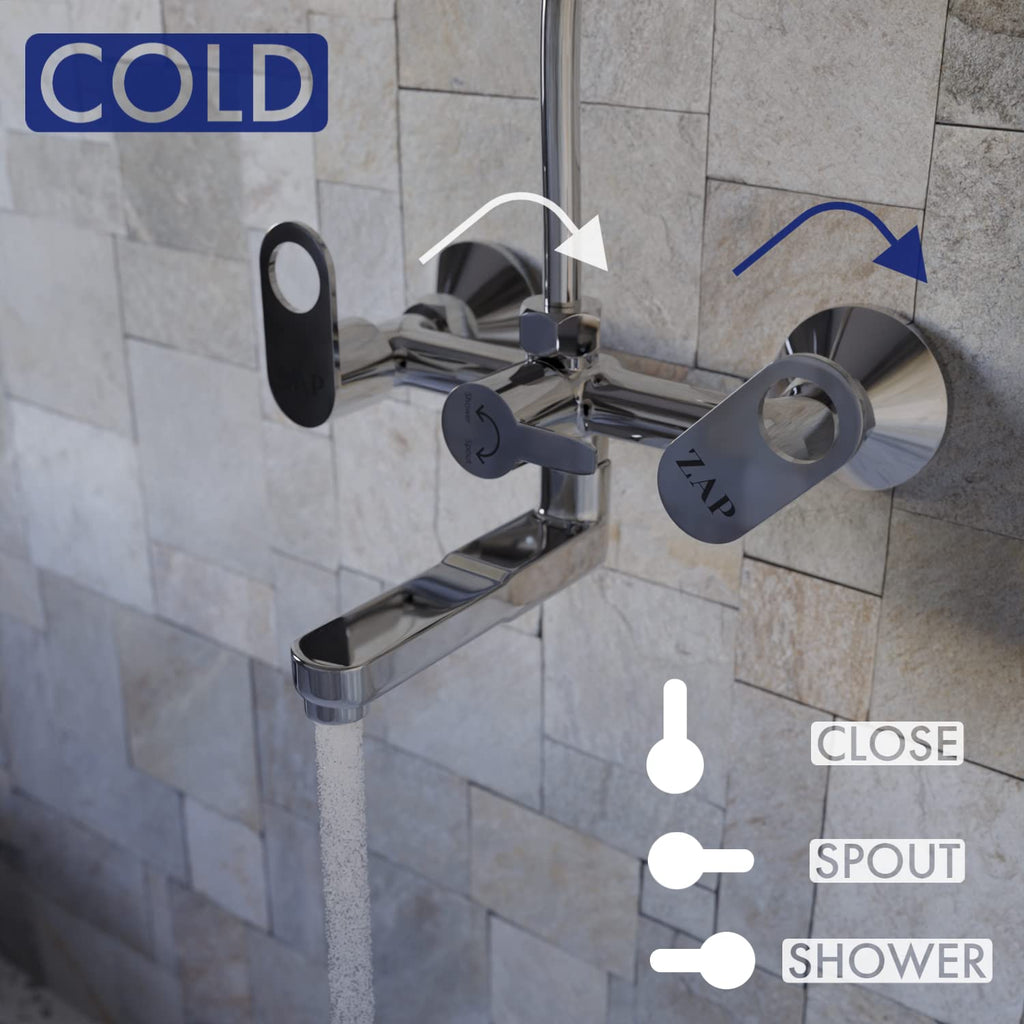 ZAP GEO Series Brass Wall Mixer | Chrome Finish | 2-in-1 Faucet with Overhead Shower Provision & 360° Swivel Bend | Hot & Cold Water Knobs | Wall-Mounted Bathroom Mixer