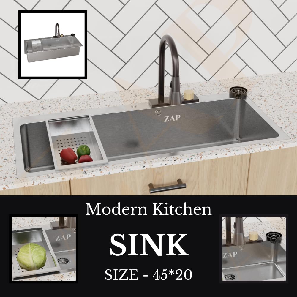 ZAP Waterfall 304 SS Kitchen Sink Set – 45x20 Inch Chrome Finish with Pull-Out Faucet, Chopping Board, Soap Dispenser, Glass Rinser & Strainer | Farmhouse Kitchen Sink with Accessories