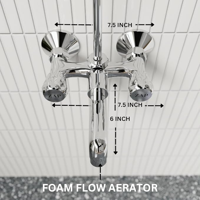 ZAP Continental Series Brass Wall Mixer | Chrome Finish | With Overhead Shower Provision & 125mm Bend Pipe | Wall-Mounted Faucet | Durable Hot & Cold Water Mixer for Bathrooms