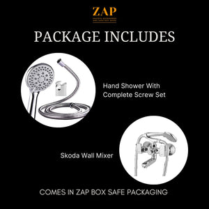 ZAP SKODA Series 100% Full Brass Wall Mixer with Overhead Shower System Set and 125mm Long Bend Pipe for Bathroom | Chrome Finish | Complete Wall Mounted Bath Fitting