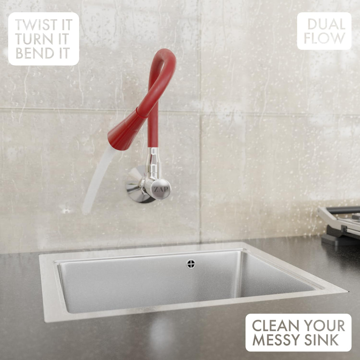 ZAP Brass Sink Cock with Dual Flow – Red Flexible Swivel Spout Kitchen Faucet | Wall Mounted Chrome Finish Tap | Water Saving Aerator | Ideal for Modern Kitchens