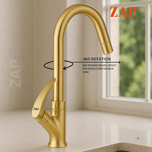 ZAP Rose Gold Swan Neck Kitchen Sink Tap – 360° Swivel Spout, Brass Pillar Faucet for Kitchen & Wash Basin