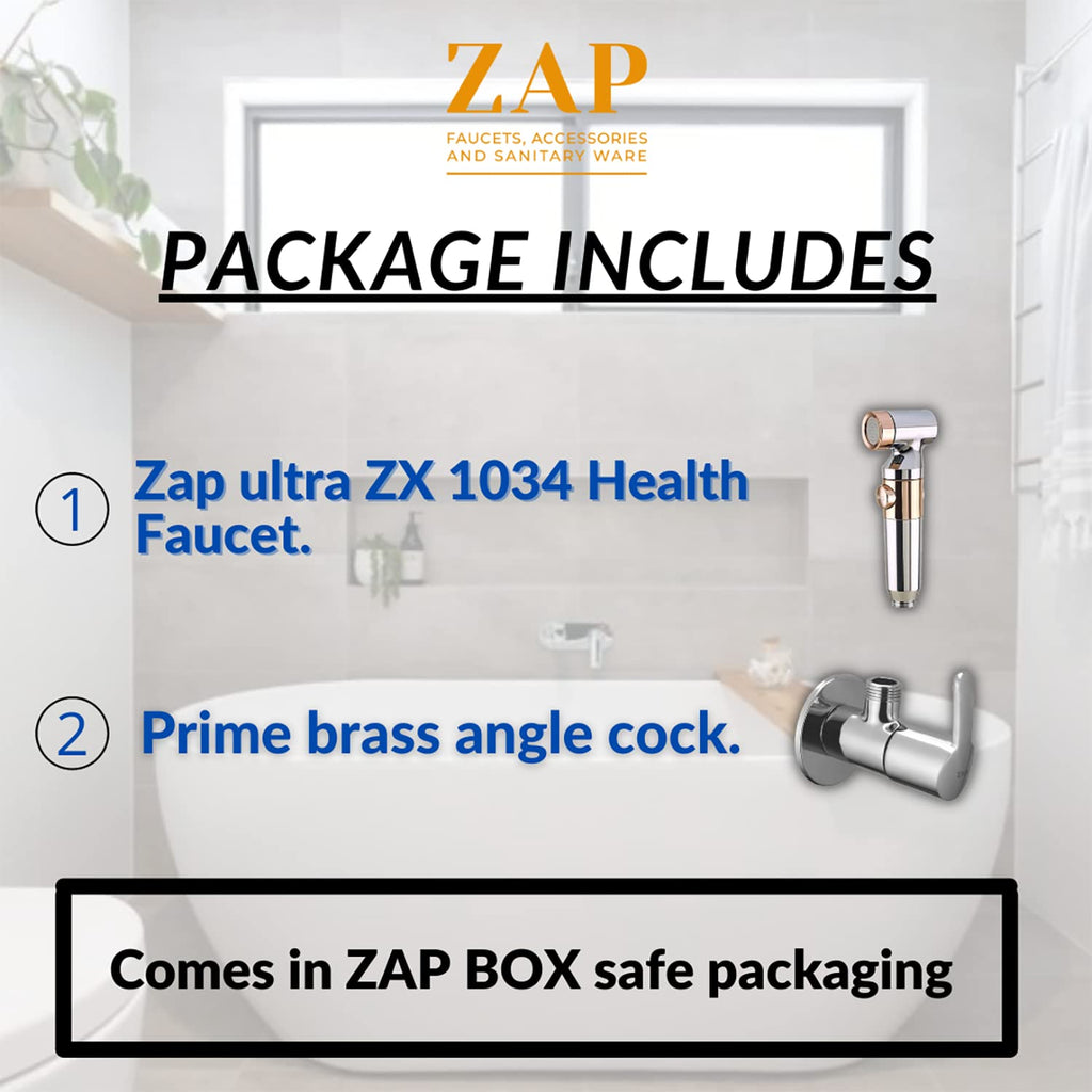 ZAP Ultra ZX1034 Health Faucet Handheld Toilet Jet Spray | ABS Bidet with Chrome Finish | 1.5m SS Hose, Angle Valve & Wall Hook | Multipurpose Spray Gun for Bathroom & Toilet