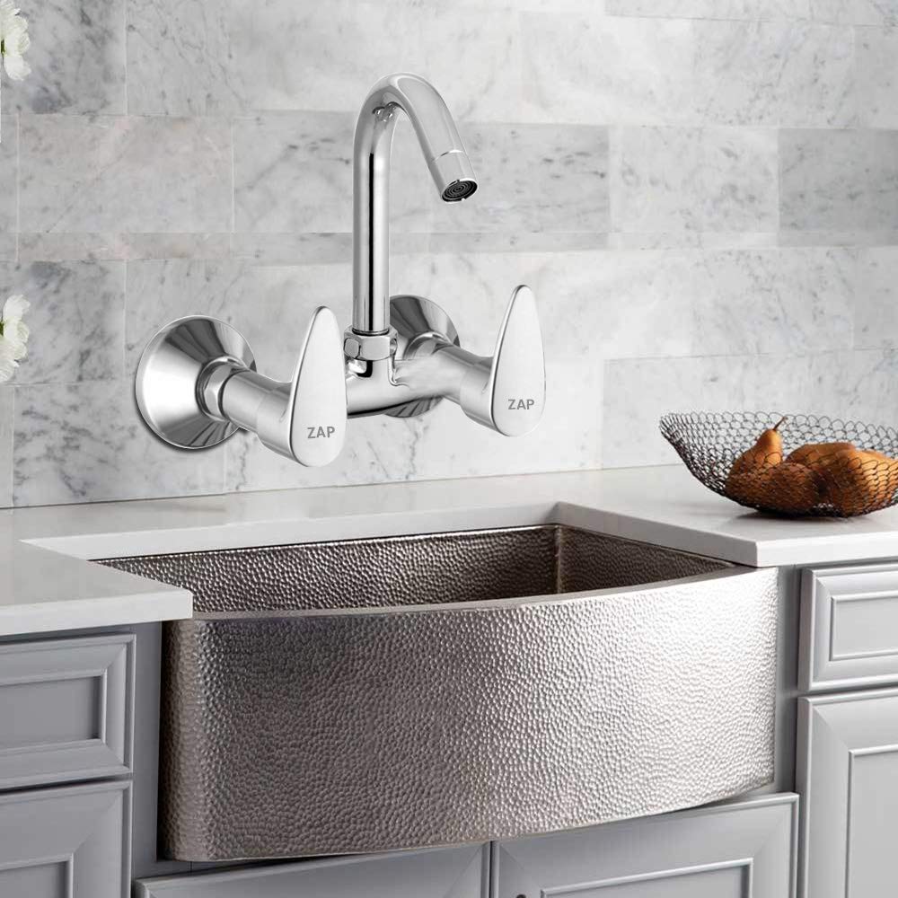 ZAP Brass Sink Mixer with Swinging Spout – Wall Mounted Chrome Finish Kitchen Faucet | Dual Handle Hot & Cold Water Tap with Wall Flange & Teflon Tape