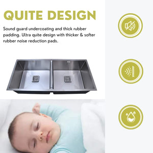 ZAP Quiet Design Double Bowl Kitchen Sink – 45x20 cm Chrome Finish with R-Angle Corners, Thick Soundproof Padding, Easy Filter Drainage System | Modern Stainless Steel Sink for Modular Kitchens