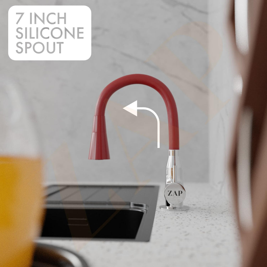 ZAP Swan Neck with Flexible Swivel Spout | Dual Flow Kitchen Sink Tap | Silicone Spout Brass Faucet | Tap for Kitchen Sink | Modern Sink Cock | Wash Basin Tap | Pillar Tap (Red)