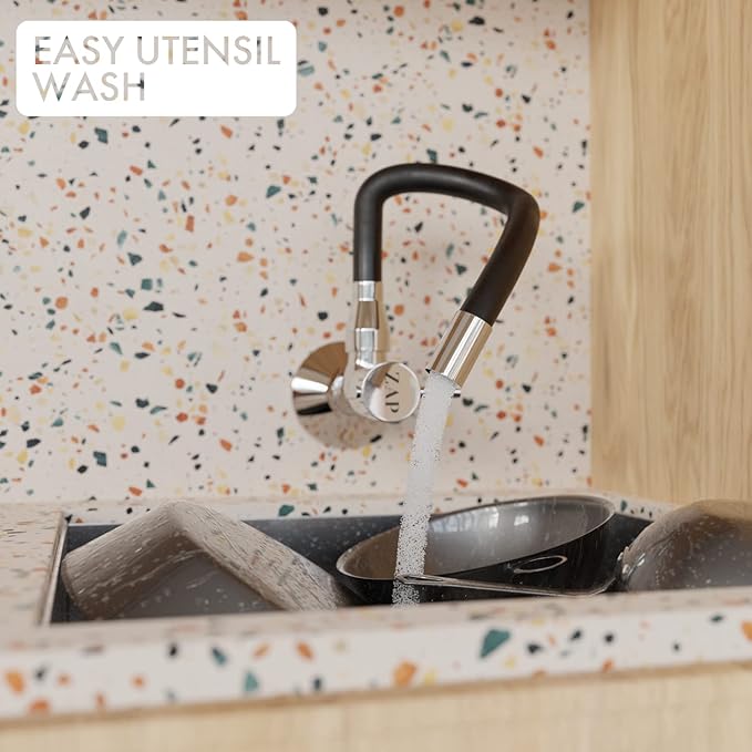 ZAP Elixir Brass Kitchen Sink Cock Faucet | Modern Black & Chrome Finish | 360° Flexible Swivel Spout | Wall Mounted Kitchen Tap | Heavy Duty Brass Body | Stylish Sink Mixer for Modular Kitchens | Single Flow