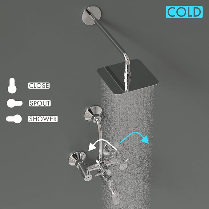 ZAP Elixir Series High Grade 100% Brass 3-in-1 Wall Mixer with Overhead Shower System and 125mm Long Bend Pipe, Chrome Finish