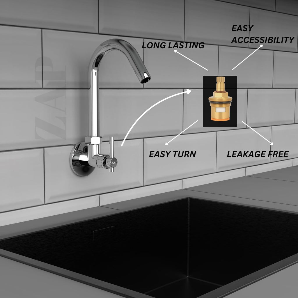 ZAP Terrim Heavy Wall-Mount Kitchen Sink Tap with 360° Swivel Spout | Chrome Finish Brass Sink Cock with Flange | 7-Year Warranty | Kitchen & Basin Faucet