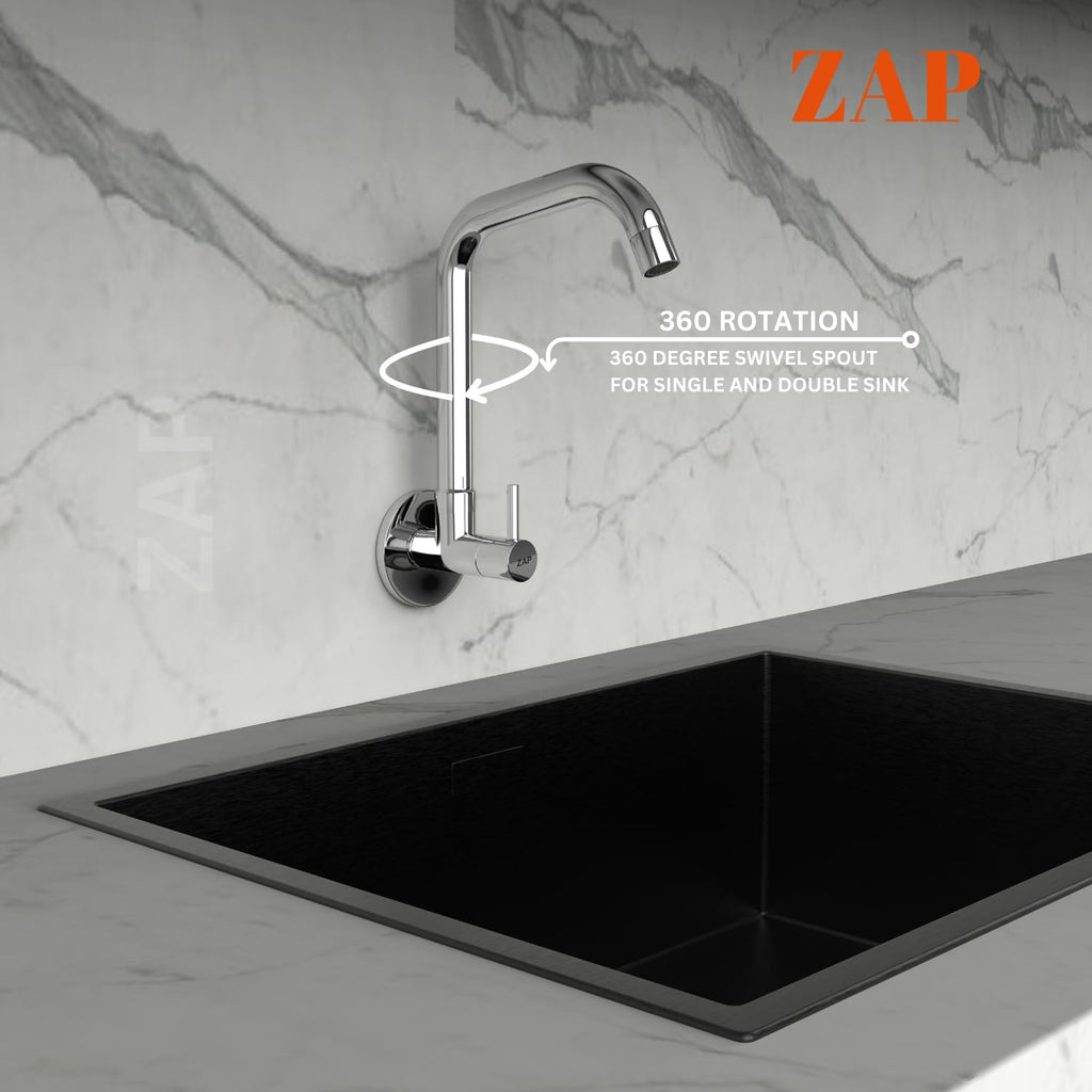 ZAP Elixir Kitchen Sink Tap with Wall Flange | 360° Swivel Spout | Brass Sink Cock Tap for Basin & Kitchen Sink | Chrome Finish | 7-Year Warranty