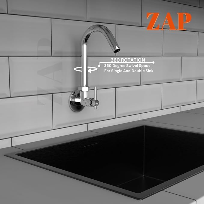 ZAP Terrim Heavy Wall-Mount Kitchen Sink Tap with 360° Swivel Spout | Chrome Finish Brass Sink Cock with Flange | 7-Year Warranty | Kitchen & Basin Faucet