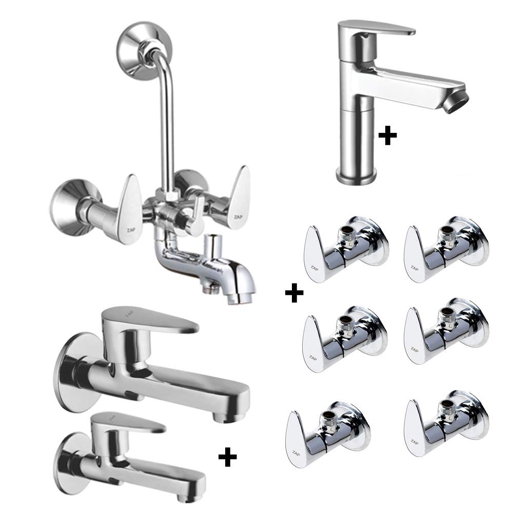 ZAP Brezza Series Brass Bathroom Tap Combo | 3-in-1 Wall Mixer, 6 Angle Cocks, 2 Long Body Taps, 1 Pillar Cock | 100% Brass | Chrome Finish | Complete Bathroom Fittings Set | Made in India