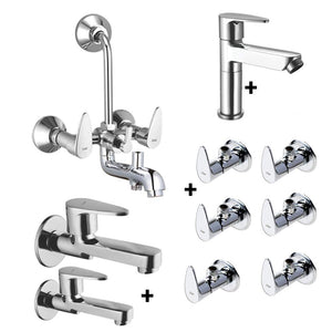 ZAP Brezza Series Brass Bathroom Tap Combo | 3-in-1 Wall Mixer, 6 Angle Cocks, 2 Long Body Taps, 1 Pillar Cock | 100% Brass | Chrome Finish | Complete Bathroom Fittings Set | Made in India