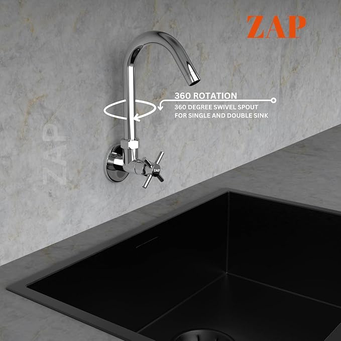 ZAP Caster Wall-Mount Kitchen Sink Tap with 360° Swivel Spout | Chrome Finish Brass Sink Cock with Flange | 7-Year Warranty | Tap for Kitchen Sink & Basin