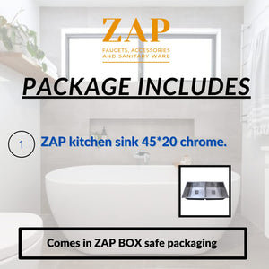 ZAP Quiet Design Double Bowl Kitchen Sink – 45x20 cm Chrome Finish with R-Angle Corners, Thick Soundproof Padding, Easy Filter Drainage System | Modern Stainless Steel Sink for Modular Kitchens