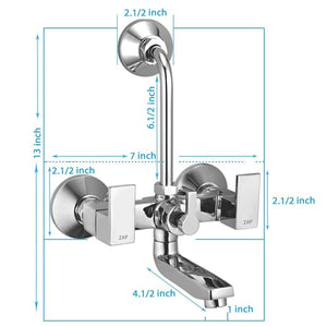 ZAP SKODA Series 100% Full Brass Wall Mixer with Overhead Shower System Set and 125mm Long Bend Pipe for Bathroom | Chrome Finish | Complete Wall Mounted Bath Fitting