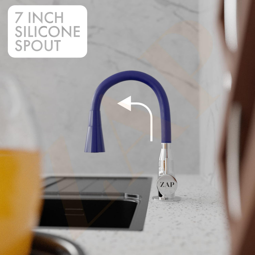 ZAP Swan Neck with Flexible Swivel Spout | Dual Flow Kitchen Sink Tap | Silicone Spout Brass Faucet | Tap for Kitchen Sink | Modern Sink Cock | Wash Basin Tap | Pillar Tap (Blue)