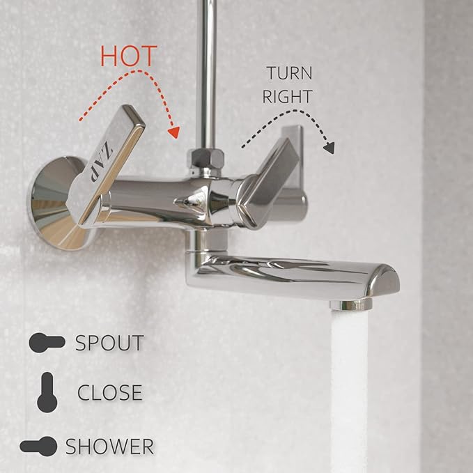 ZAP Ultra Cube Series High Grade 100% Brass 2-in-1 Wall Mixer with Overhead Shower Set and 125mm Long Bend Pipe | Hot/Cold Knobs with Chrome Finish and Faucet Cleaner