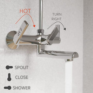 ZAP Ultra Cube Series High Grade 100% Brass 2-in-1 Wall Mixer with Overhead Shower Set and 125mm Long Bend Pipe | Hot/Cold Knobs with Chrome Finish and Faucet Cleaner