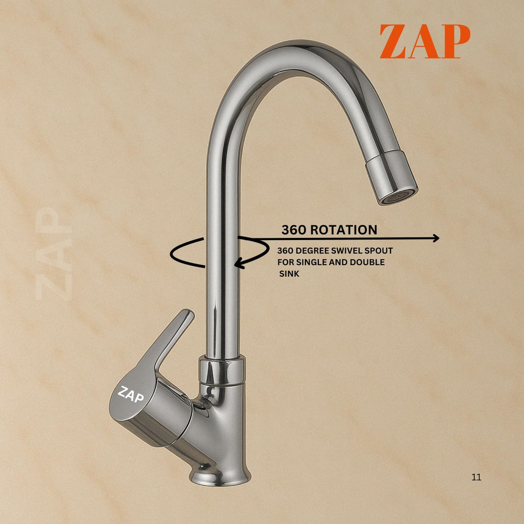 Zap Ocean Heavy Neck Tap for Kitchen/Bathroom | Brass Body, Chrome Finish | Soft Water Flow | Table/Deck Mounted | Sleek & Durable Faucet for Wash Basin & Sink