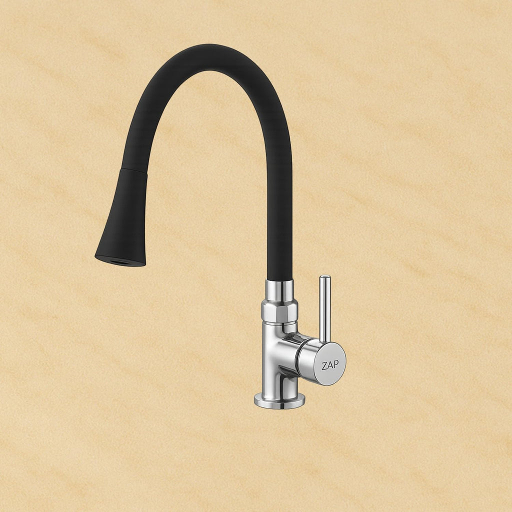 ZAP Pluto High Grade Brass Kitchen Tap | Swan Neck Design | 360° Swivel Spout | Dual Flow | Flexible Silicone Spout | Rust-Proof | Hot & Cold Mixer | Chrome Finish