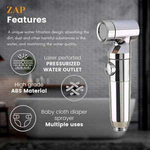 ZAP Ultra ZX1034 Health Faucet | Handheld Toilet Jet Spray | Chrome Finish | 1.5m Stainless Steel Hose | Wall Hook & Clutch Set | Bidet Spray Gun for Bathroom