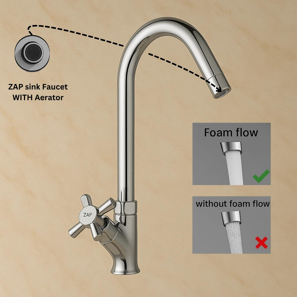 Zap Caster Light Swan Neck Tap for Kitchen & Bathroom | Brass Body, Chrome Finish | Table/Deck Mounted | Sleek Durable Design | Soft Flow Water Faucet