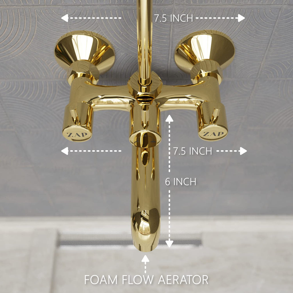 Zap Elixir Full Brass Gold Plated 2 in 1 Wall Mixer with Provision for Over Head Shower and Long Bend Pipe for Bathroom