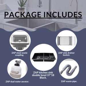 ZAP Black Stainless Steel Kitchen Sink | 37x18 cm Single Bowl Sink with Drainage Kit | Dual Water Aerator, Waste Pipe, Drainer Basket & Coupling | Noise Reduction Pads | Ideal for Modular Kitchens