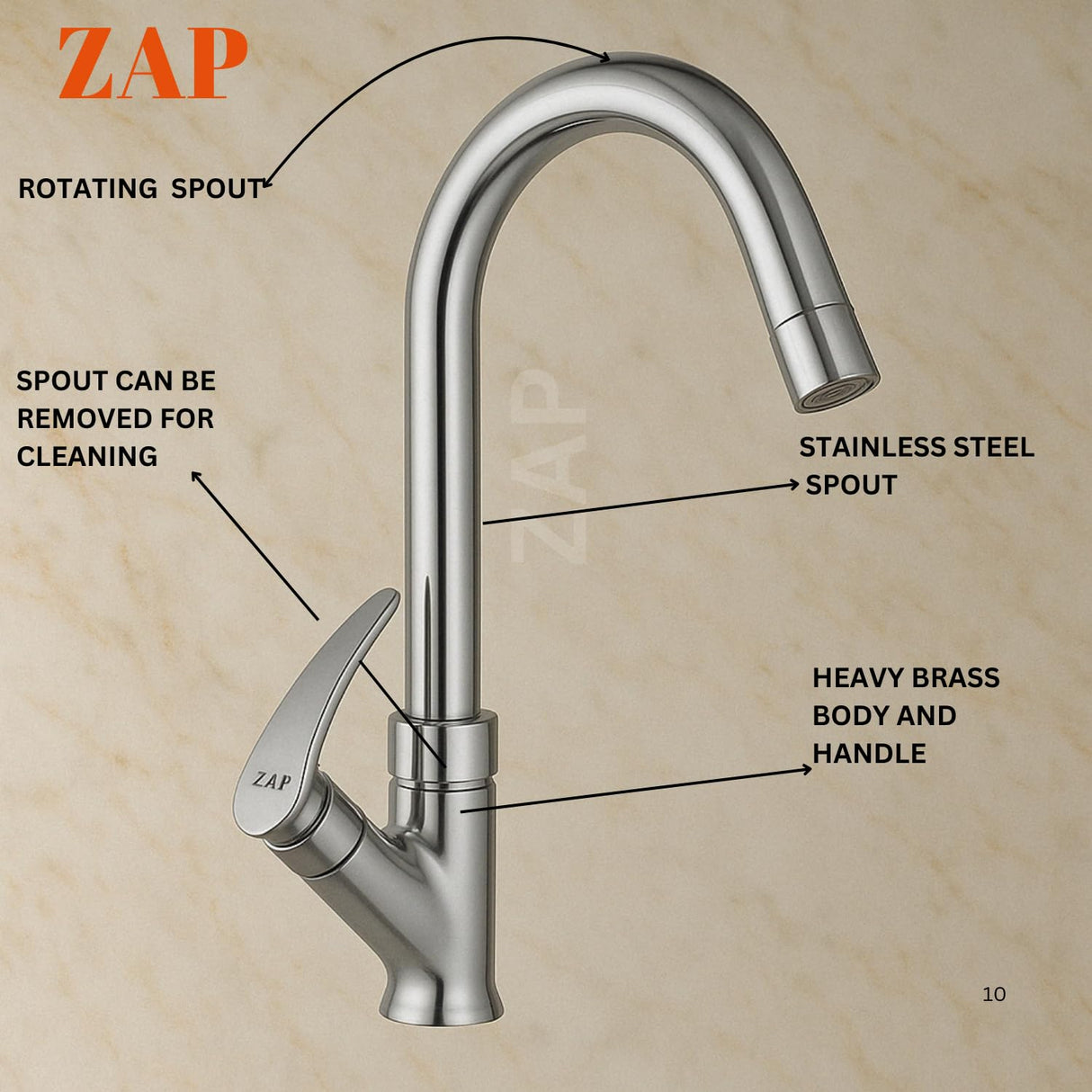ZAP Arrow Light Swan Neck Tap | Brass Chrome Faucet for Kitchen & Bath