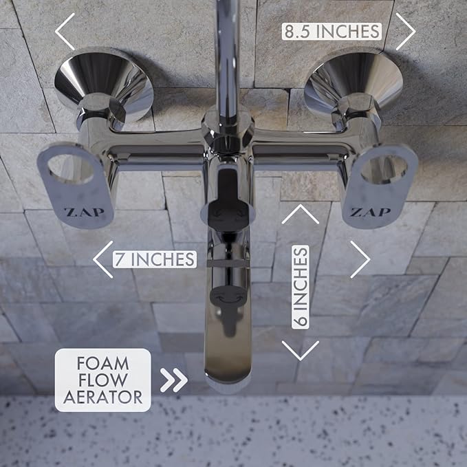 ZAP GEO Series Brass Wall Mixer | Chrome Finish | 2-in-1 Faucet with Overhead Shower Provision & 360° Swivel Bend | Hot & Cold Water Knobs | Wall-Mounted Bathroom Mixer