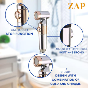 ZAP Ultra ZX1034 Health Faucet Handheld Toilet Jet Spray with 1.5 m Stainless Steel Tube and Wall Hook-Chrome Finish Bidet with Hose and Holder/Clutch Set (Chrome Gold)