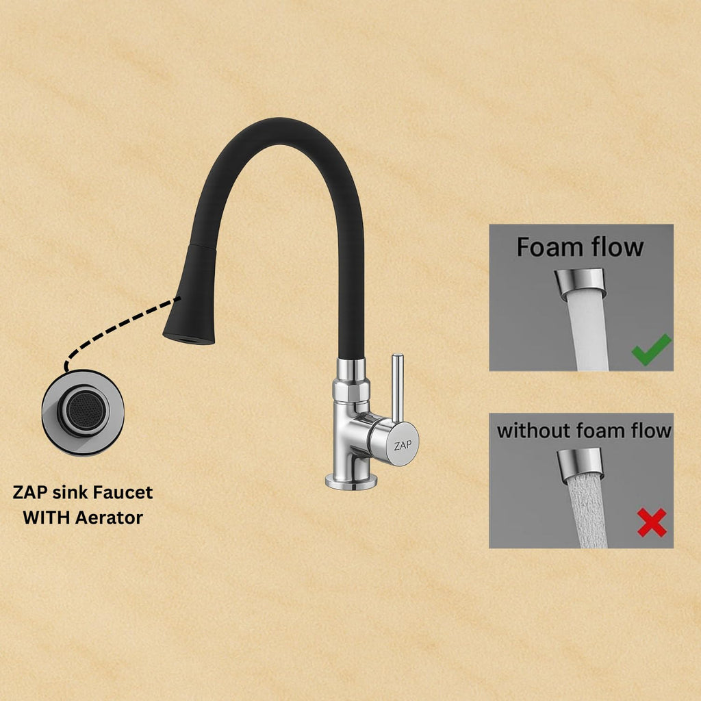 ZAP Pluto High Grade Brass Kitchen Tap | Swan Neck Design | 360° Swivel Spout | Dual Flow | Flexible Silicone Spout | Rust-Proof | Hot & Cold Mixer | Chrome Finish