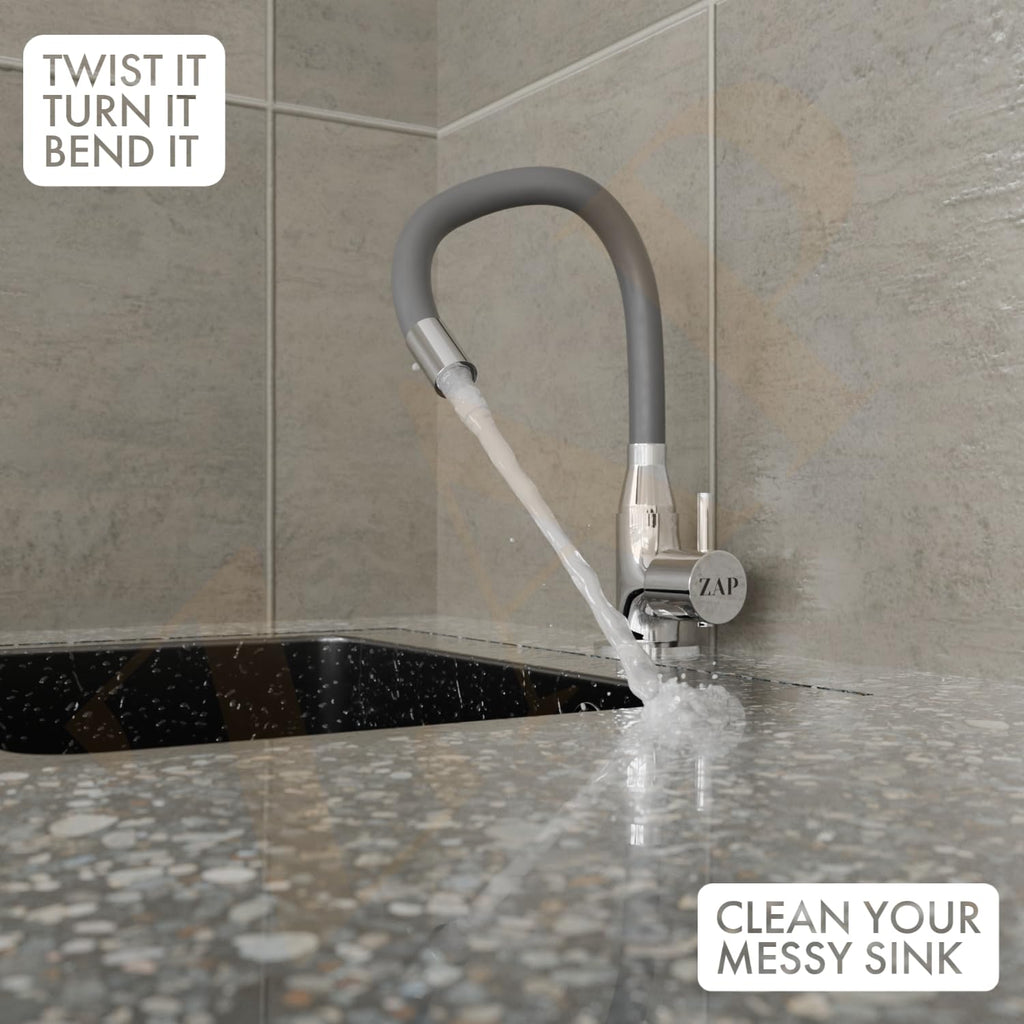 ZAP Swan Neck with Flexible Swivel Spout | Single Flow Kitchen Sink Tap | Grey Silicone Spout Brass Faucet | Hot & Cold Sink Faucet | Tap for Kitchen Sink | Wash Basin Tap | Pillar Tap