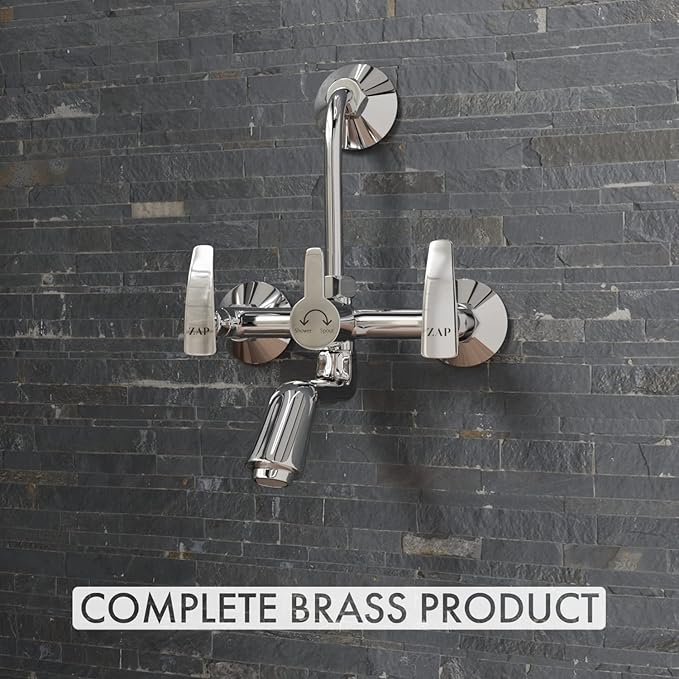 ZAP Hexa Series 2311 Premium Brass Wall Mixer | Chrome Finish | With Overhead Shower Provision & 125mm Bend Pipe | Hot & Cold Water Knobs | Wall-Mounted Faucet | With Faucet Cleaner