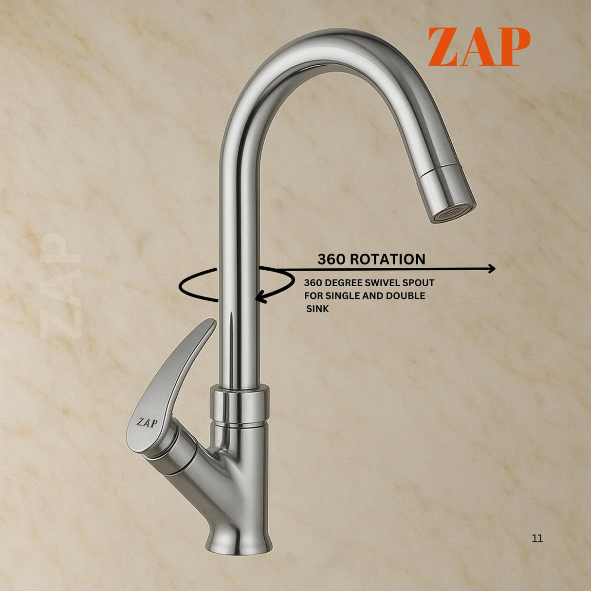 ZAP Arrow Light Swan Neck Tap | Brass Chrome Faucet for Kitchen & Bath