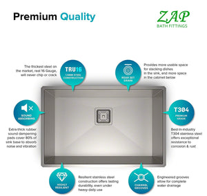 ZAP Hexa Series 304 Grade Stainless Steel Kitchen Sink | Single Bowl | Satin/Matte Finish | Square Coupling | Rust-Proof & Durable | Premium Quality (24 x 18 x 10 Inch)