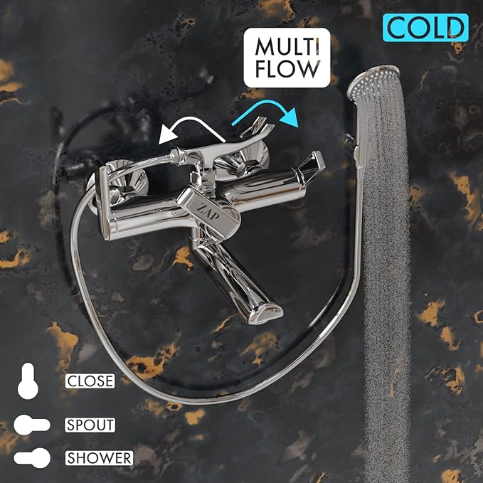 ZAP Ultra Cube Series 2-in-1 Wall Mixer with Crutch | Brass Body with Multi-Flow Hand Shower & 1.5 Meter Stainless Steel Hose Pipe | Chrome Finish Bathroom Fitting
