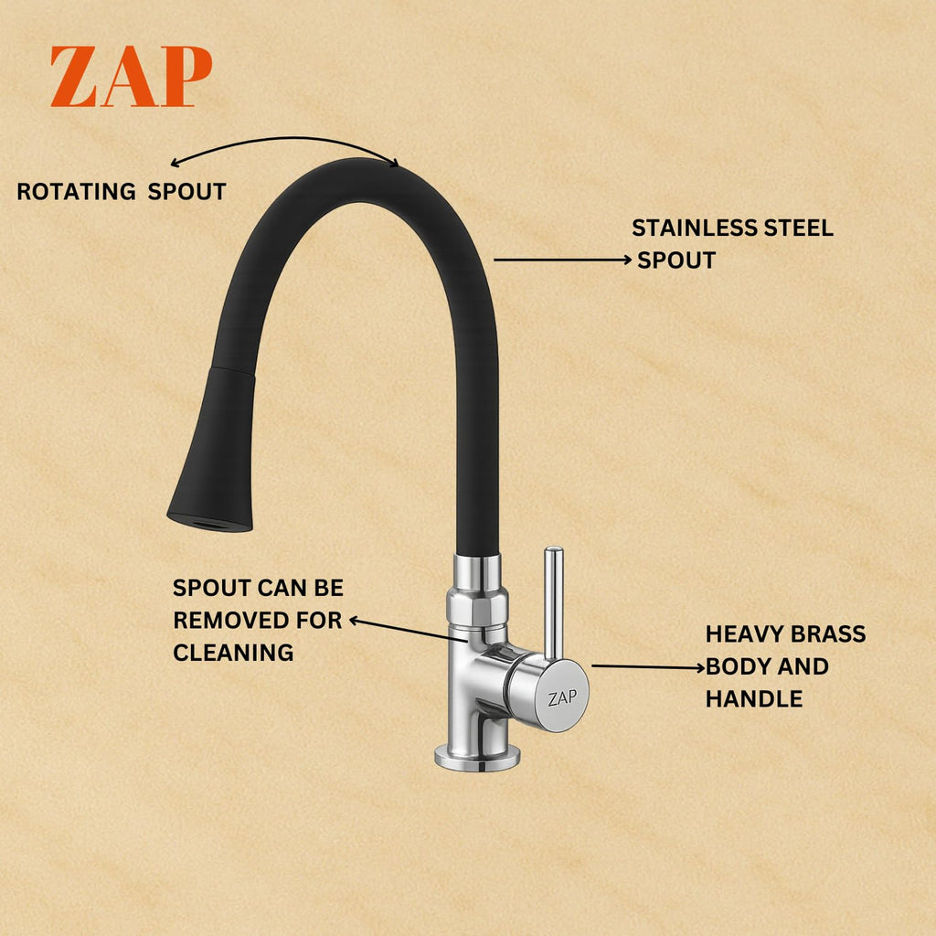 ZAP Pluto High Grade Brass Kitchen Tap | Swan Neck Design | 360° Swivel Spout | Dual Flow | Flexible Silicone Spout | Rust-Proof | Hot & Cold Mixer | Chrome Finish