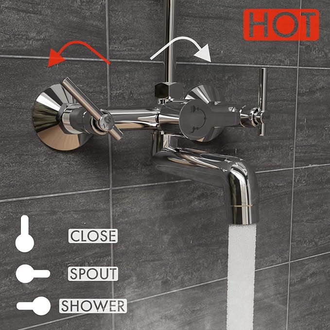 Zap Terrim 2-in-1 Brass Wall Mixer | Chrome Finish | With Overhead Shower Provision & 125 mm Bend Pipe | Visible Hot/Cold Indicators | Faucet Cleaner Knobs | Wall-Mounted Bathroom Faucet