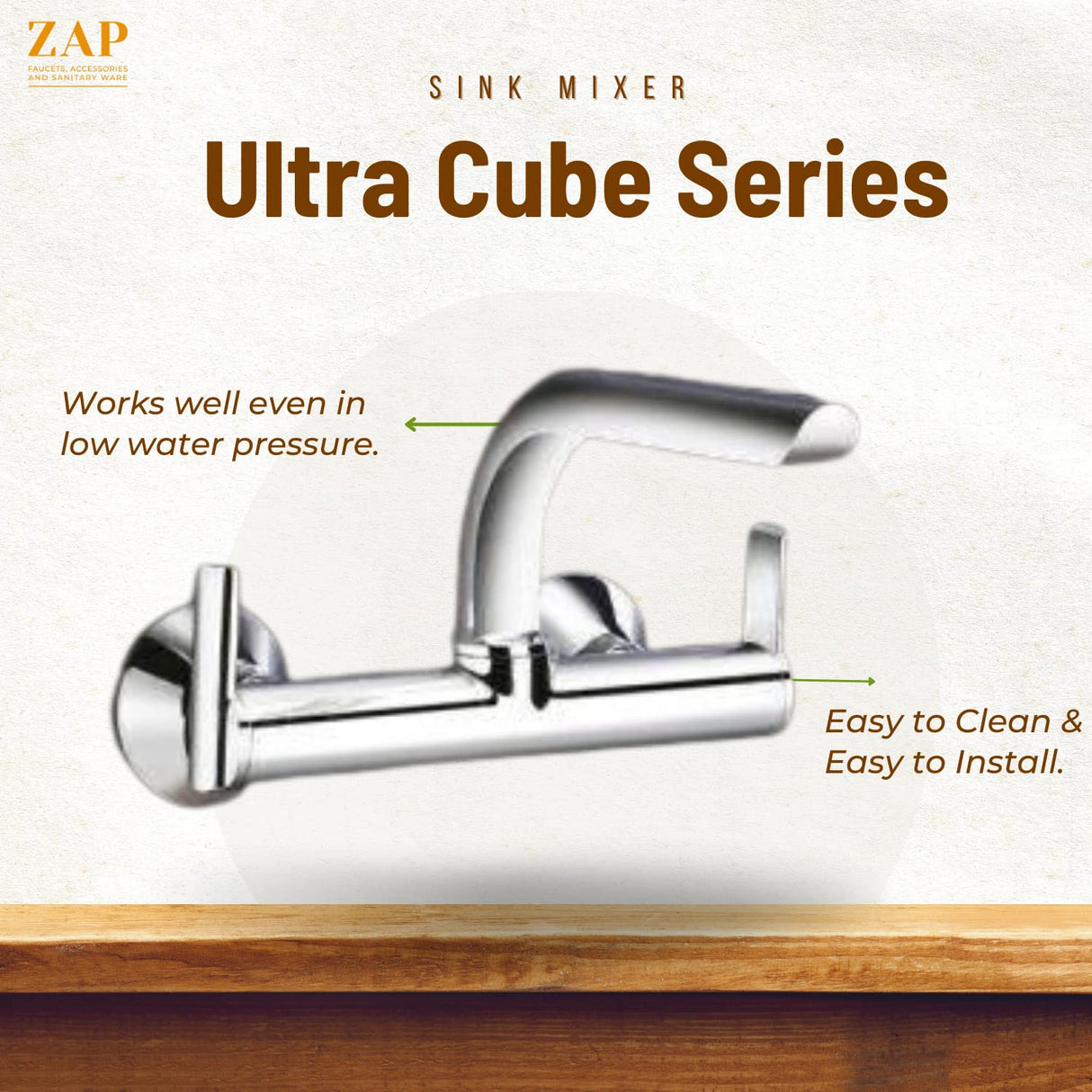 ZAP Ultra Cube Series Brass Sink Mixer – Wall Mounted Kitchen Tap with Swinging Spout | Hot & Cold Water Mixer for Home, Kitchen, and Bar Sinks | Chrome Finish Faucet
