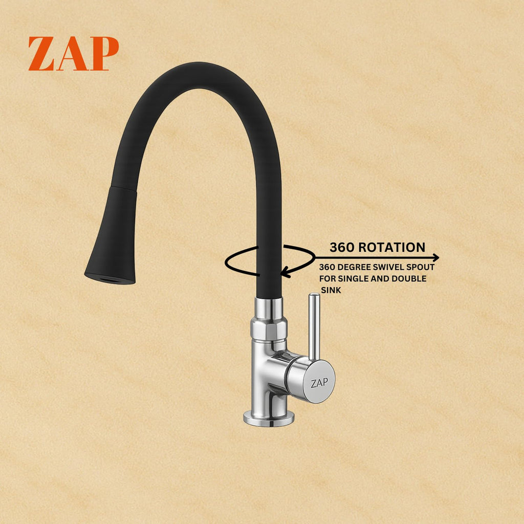 ZAP Pluto High Grade Brass Kitchen Tap | Swan Neck Design | 360° Swivel Spout | Dual Flow | Flexible Silicone Spout | Rust-Proof | Hot & Cold Mixer | Chrome Finish